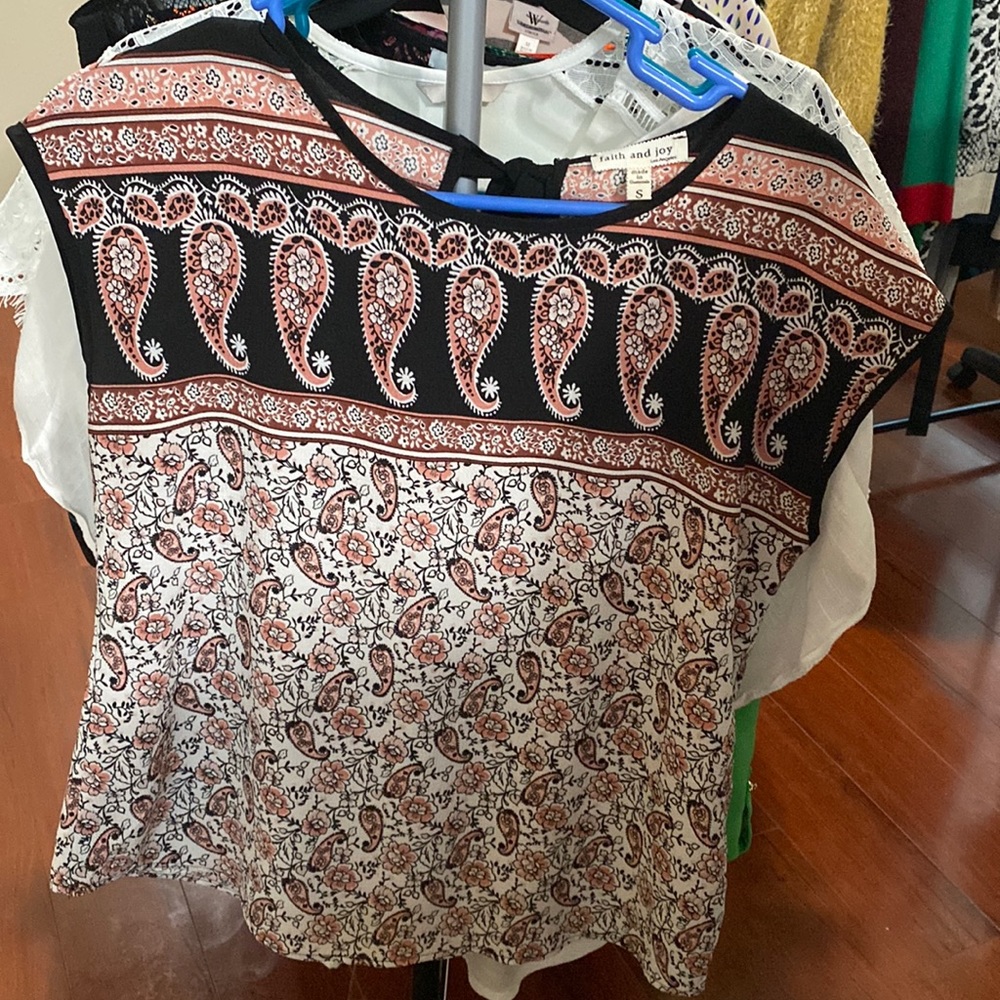 Pink and black print blouse
